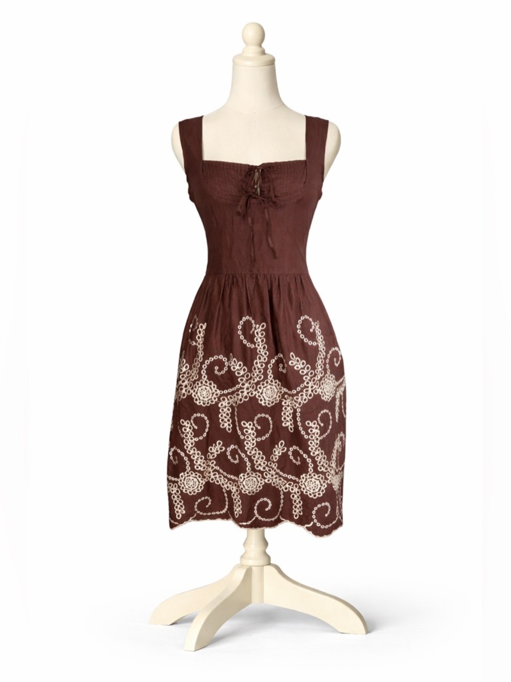 Tocca Brown Embroidered Midi‎ Dress Tie Front | 4